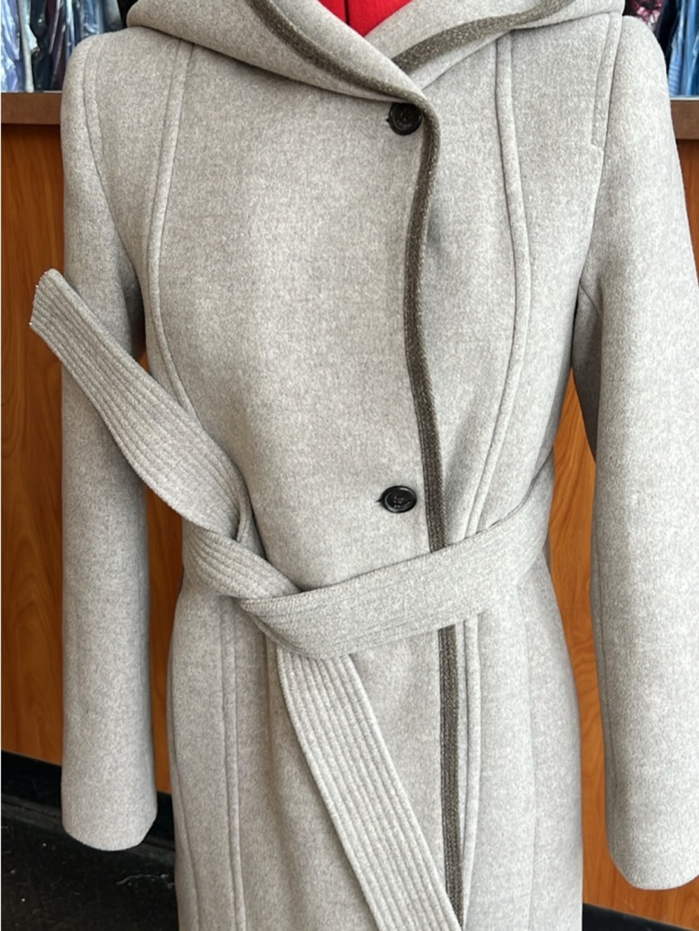 Wilfred Light Gray Hooded Wrap Coat with Belt